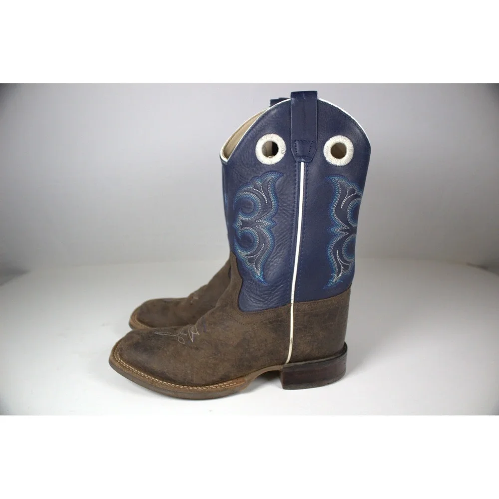 Old West Youth 3 D Western Boots Broad Square Toe Brown Blue Leather Cowboy